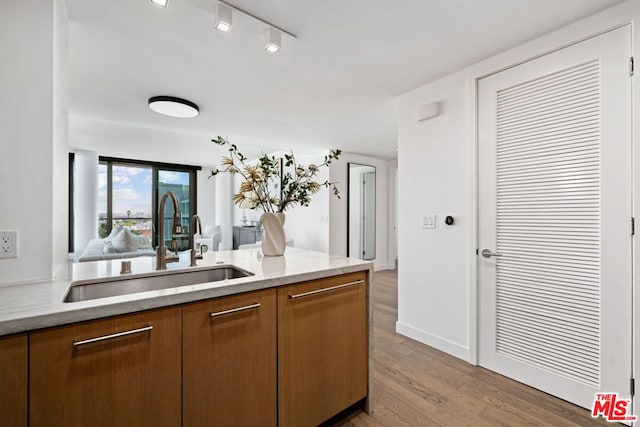 kitchen featuring light stone countertops, sink, and light wood-type flooring