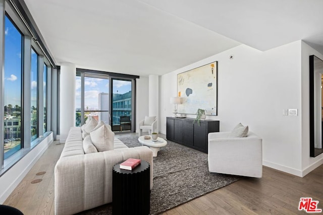 living room with a wall of windows and hardwood / wood-style floors