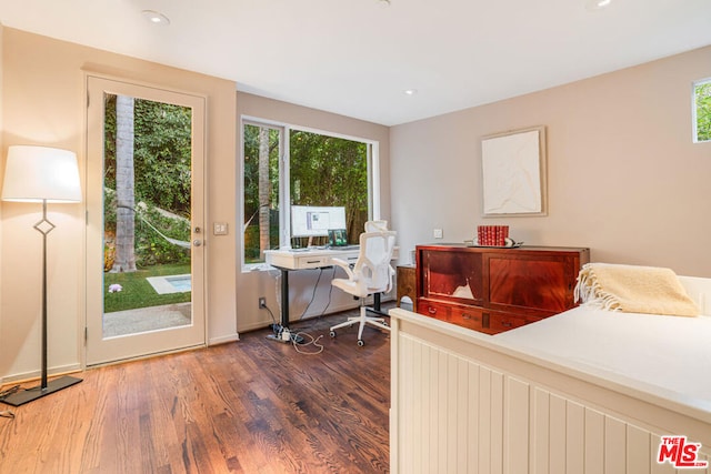 bedroom featuring dark hardwood / wood-style floors, multiple windows, and access to outside