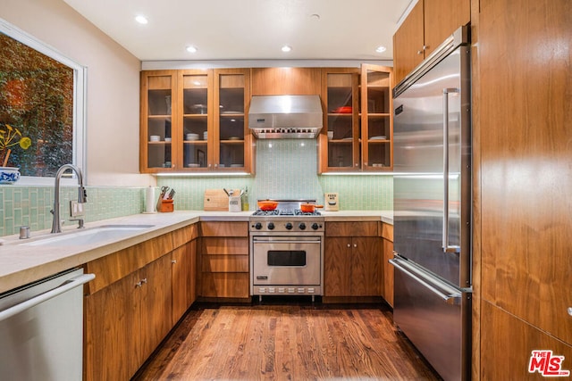 kitchen featuring sink, dark wood-type flooring, range hood, premium appliances, and decorative backsplash