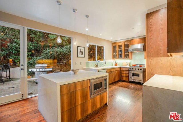 kitchen featuring stainless steel appliances, hanging light fixtures, exhaust hood, and dark hardwood / wood-style flooring