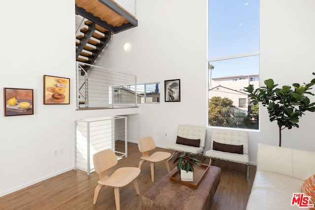 interior space featuring a towering ceiling and wood-type flooring