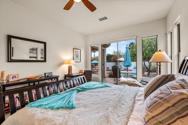 bedroom with access to outside and ceiling fan