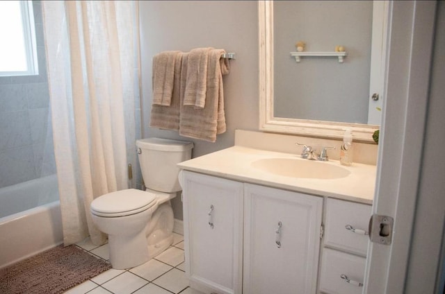 full bathroom featuring shower / bathtub combination with curtain, vanity, toilet, and tile patterned flooring