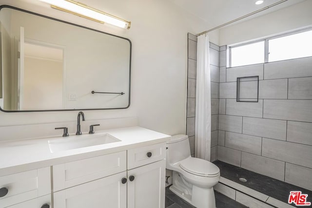 bathroom with vanity, toilet, and a shower with shower curtain