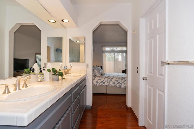 bathroom with hardwood / wood-style flooring and vanity