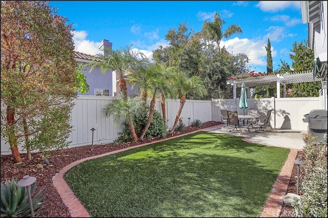 view of yard with a pergola and a patio