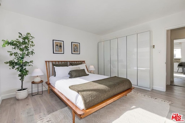 bedroom with hardwood / wood-style flooring and a closet