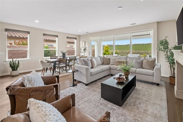 living room featuring a healthy amount of sunlight, a premium fireplace, and light wood-type flooring