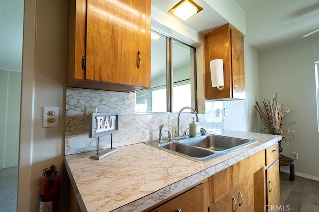 kitchen featuring tasteful backsplash, sink, and dark hardwood / wood-style floors