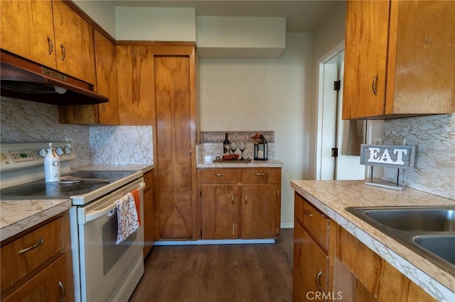 kitchen featuring sink, white electric range, backsplash, and dark hardwood / wood-style flooring