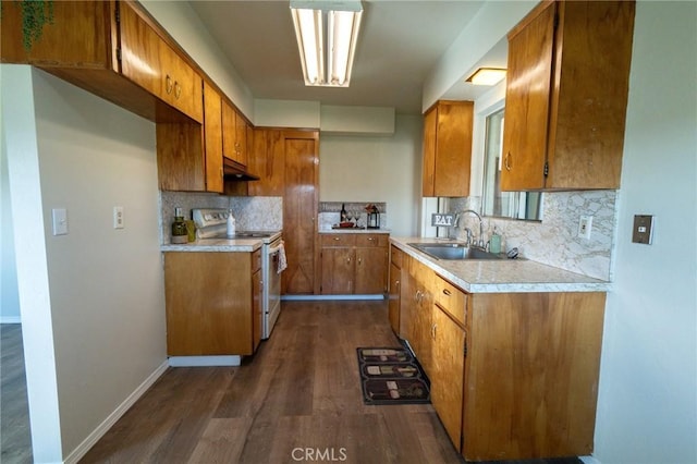 kitchen with dark hardwood / wood-style flooring, sink, decorative backsplash, and electric range