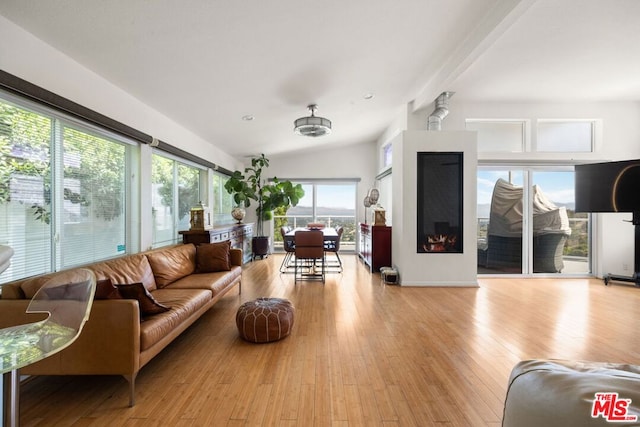 living room featuring vaulted ceiling and light hardwood / wood-style flooring