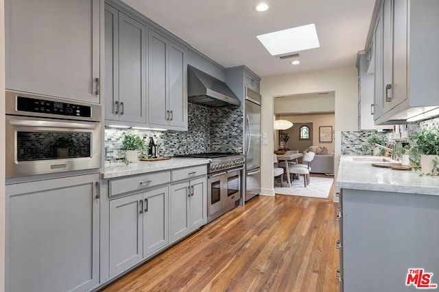 kitchen with a skylight, sink, gray cabinetry, high end appliances, and wall chimney range hood