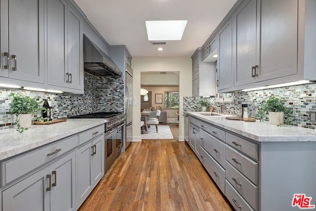 kitchen with premium appliances, a skylight, wall chimney exhaust hood, and gray cabinets