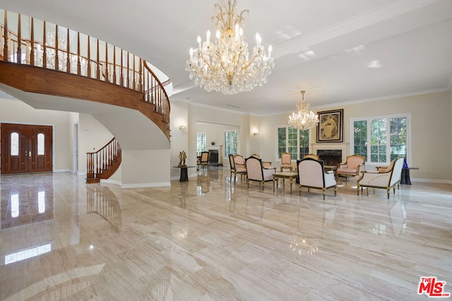 interior space featuring a notable chandelier and ornamental molding