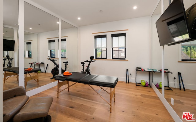 workout room with light hardwood / wood-style floors