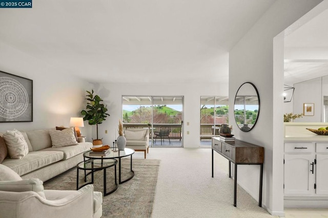 living room featuring light colored carpet