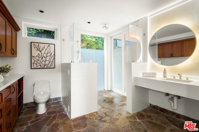 bathroom featuring sink, a shower with shower door, and toilet