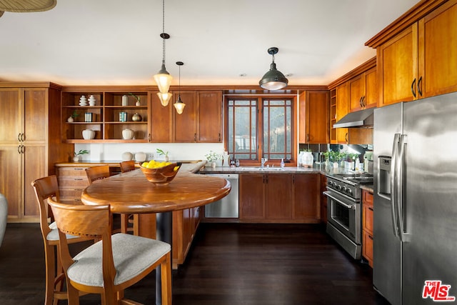 kitchen featuring sink, decorative light fixtures, dark hardwood / wood-style floors, stainless steel appliances, and wall chimney range hood