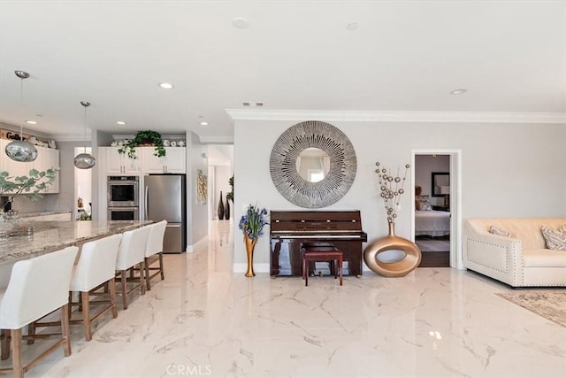 living room featuring ornamental molding