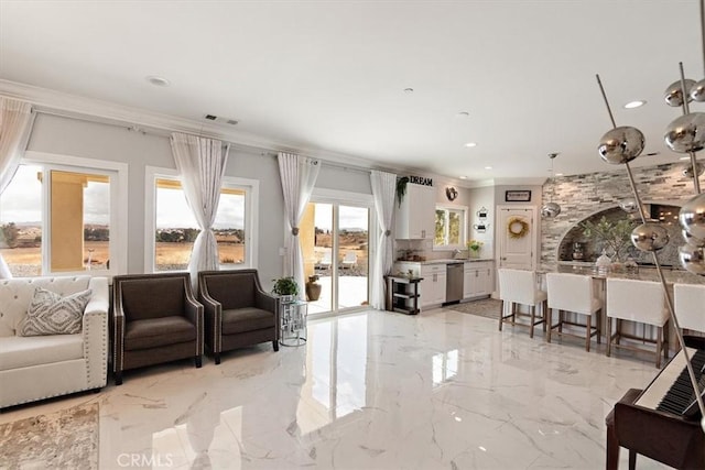 living room with crown molding