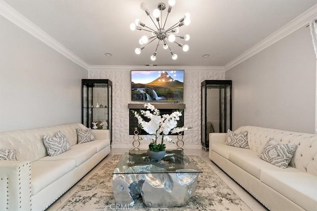 living room with ornamental molding and a notable chandelier