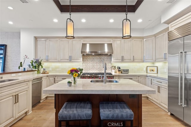 kitchen with pendant lighting, appliances with stainless steel finishes, a kitchen island with sink, ventilation hood, and light wood-type flooring