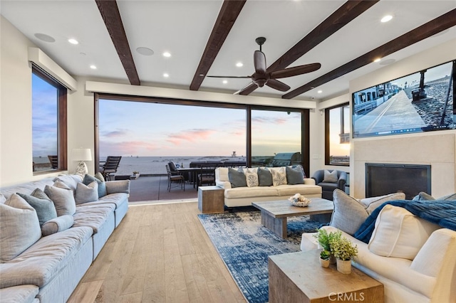 living room with beamed ceiling, a healthy amount of sunlight, and light wood-type flooring