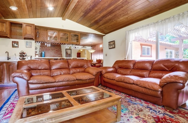 living room with sink, wood ceiling, lofted ceiling with beams, and hardwood / wood-style flooring