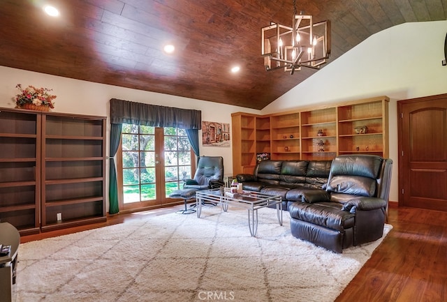 living room with wood ceiling, lofted ceiling, wood-type flooring, and a chandelier