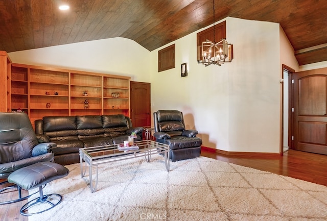 living room featuring hardwood / wood-style floors, a notable chandelier, vaulted ceiling, and wooden ceiling