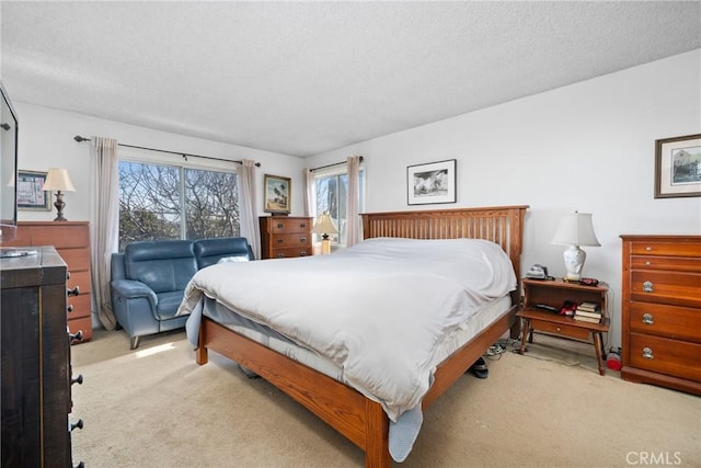 carpeted bedroom with a textured ceiling