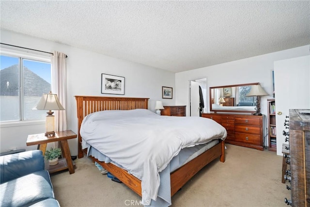 bedroom with light carpet and a textured ceiling