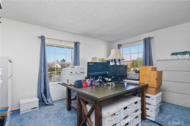 office area featuring carpet flooring and a textured ceiling