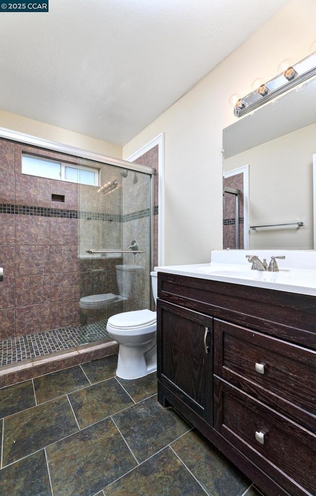 bathroom featuring vanity, toilet, and walk in shower