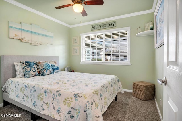 bedroom with ceiling fan, ornamental molding, and dark carpet