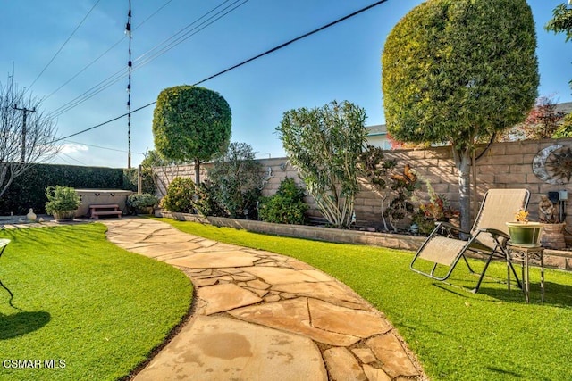 view of yard featuring a hot tub and a patio