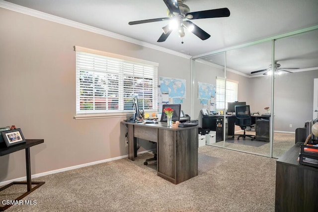 carpeted home office with ornamental molding and ceiling fan