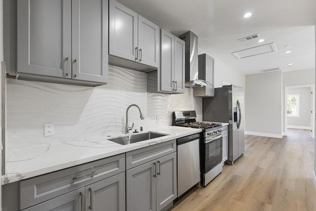 kitchen featuring appliances with stainless steel finishes, sink, gray cabinetry, light stone counters, and wall chimney exhaust hood