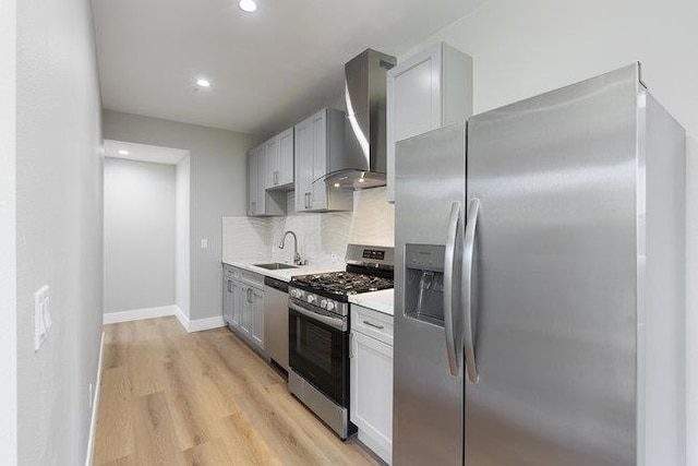 kitchen with wall chimney range hood, gray cabinets, sink, and appliances with stainless steel finishes