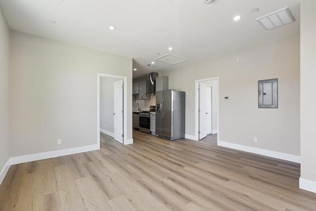 unfurnished living room featuring electric panel, sink, and light hardwood / wood-style flooring