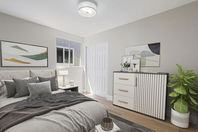 bedroom with hardwood / wood-style flooring and a closet