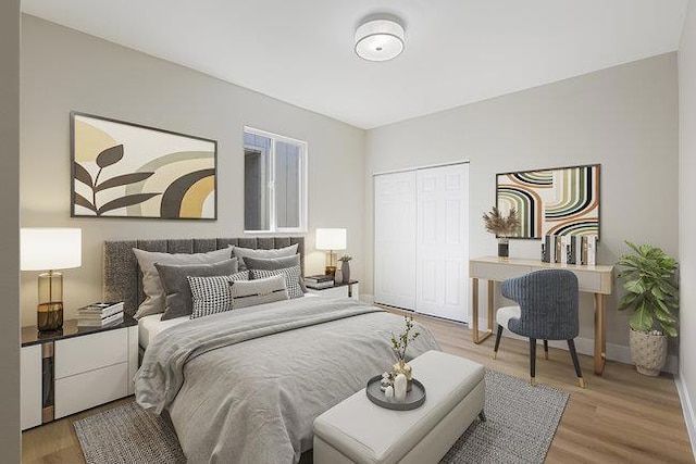 bedroom with hardwood / wood-style floors and a closet