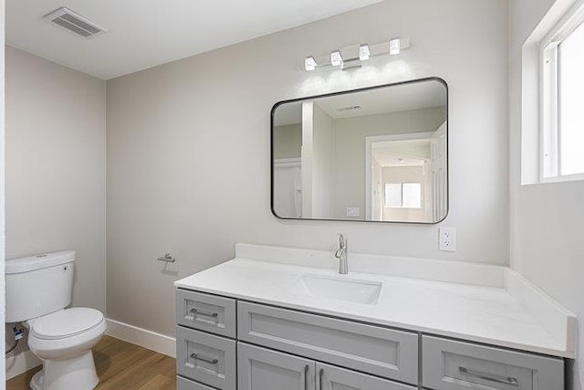 bathroom with vanity, wood-type flooring, and toilet