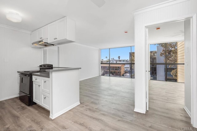 kitchen with black range with electric cooktop, light hardwood / wood-style flooring, expansive windows, and white cabinets