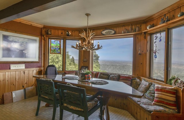 dining room featuring a chandelier and wood walls