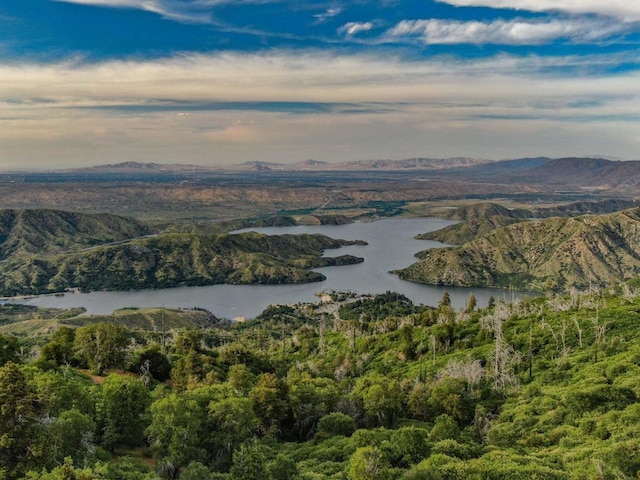 birds eye view of property with a water and mountain view