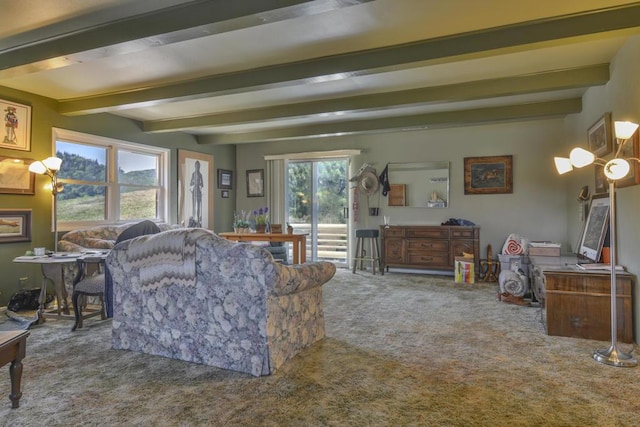 living room featuring carpet flooring and beam ceiling