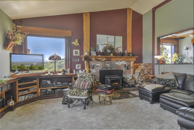 carpeted living room with lofted ceiling